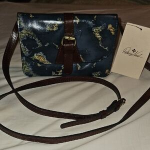 Patricia Nash Blue and Brown Greek Map Leather Small Crossbody Bag